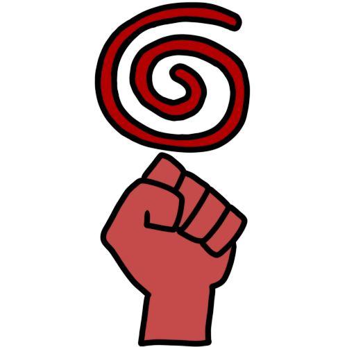 A bright red spiral above a red upraised fist.